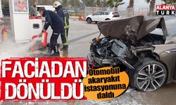 Otomobil akaryakıt istasyonuna daldı, faciadan dönüldü!