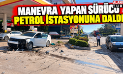 Dinek'te manevra yapan otomobil petrol istasyonuna daldı