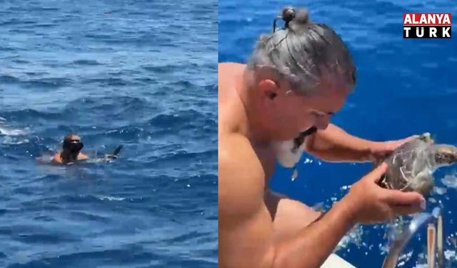 Alanya'da çuvala dolanan caretta carettayı tur teknesi kaptanı kurtardı