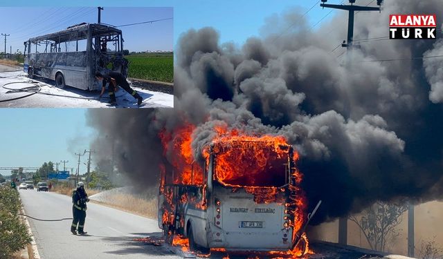 Manavga'ta  yolcu midibüsü alev alev yandı, sürücü yolcuları tahliye etti