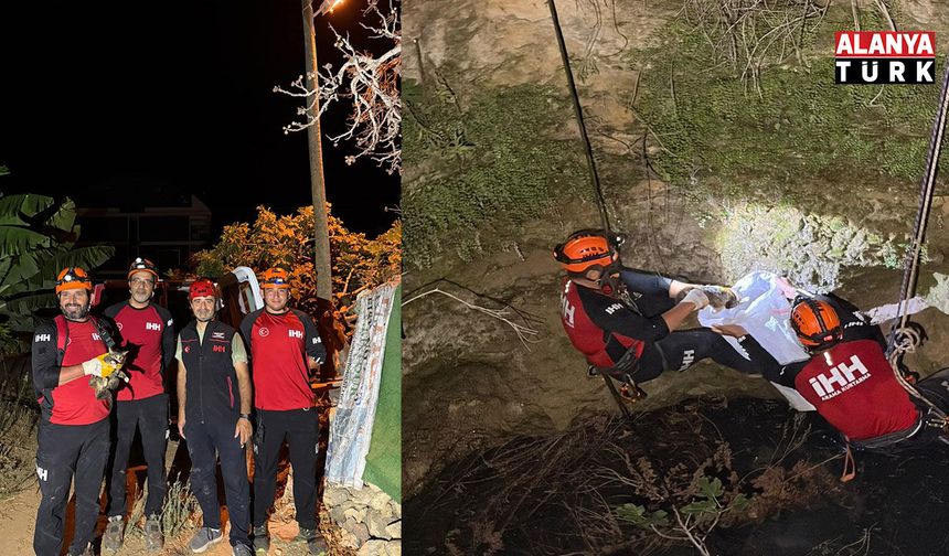 Alanya’da 4 gündür 10 metre derinlikte mahsur kalan kedi kurtarıldı